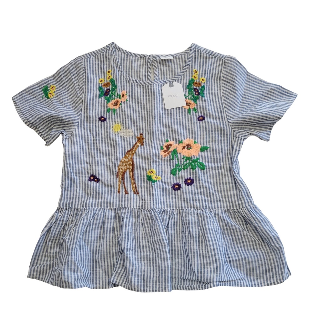 Next Girls 10 Embroidered Top Blue Striped Floral Giraffe Peplum Cotton Blouse